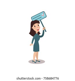 Young woman character holding placard election voting, political agitation campaign vector Illustration