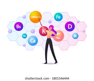 Young Woman Character Holding Pointer Show Huge Vitamin Balls. Healthy Lifestyle and Organic Food Nutrition, Fresh Natural Fortified Products and Supplement Source. Cartoon Vector Illustration