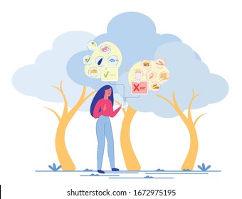 Young Woman Character holding Smartphone and Using Online App to Choose Healthy Foods for Diet Menu. Nutritional Planner and Weight Control Mobile Program. Trendy Flat Cartoon Illustration.