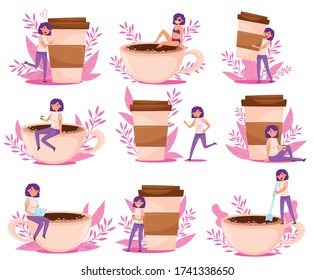 Young Woman Character and Huge Coffee Cup with Floral Backdrop Vector Illustrations Set