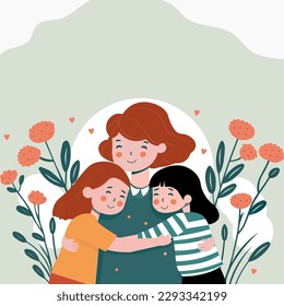 Young Woman Character Hugging Cute Girls On Floral Decorated Background And Copy Space. Happy Teachers Day Concept. 