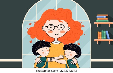 Young Woman Character Hugging Her Students And Bookshelves On Window Green And Blue Background. Happy Teachers Day Concept.