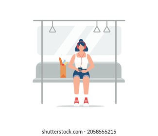 Young woman character listening to music, audio books, podcast on a public transport. Vector illustration cartoon flat style