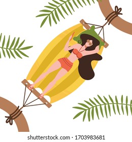 Young woman character lying in a hammock under the palm trees. Top view. Flat editable vector illustration, clip art on white background.