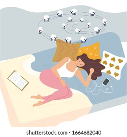 Young woman character is lying on back in bed with insomnia. Female Insomniac is counting sheeps. Sleeping control concept. Flat Art Vector illustration