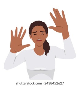 Personaje de mujer joven haciendo parar con sus manos. Diga No. ilustración vectorial plana aislada sobre fondo blanco