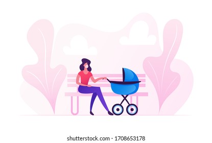 Young Woman Character in Medical Mask Sitting on Bench with Baby Stroller Lulling Child in Park. Mother Walk with Newborn Kid Spending Time Outdoor during Covid19 Pandemic. Cartoon Vector Illustration