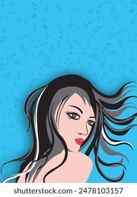 Young Woman Character with Open Hair on Blue Music Notes Background and Copy Space.