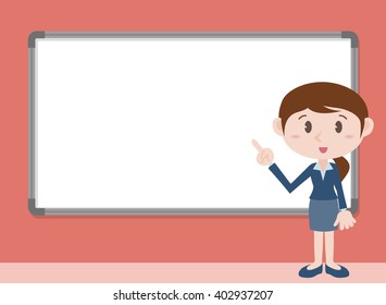 young woman character pointing whiteboard, vector illustration