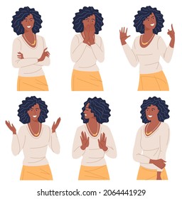 Young woman character poses, emotions and gesture set. Happiness, fear, surprise, consent and refusal. Positive and negative feelings.