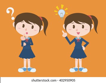 young woman character, posing question and inspiration, vector illustration