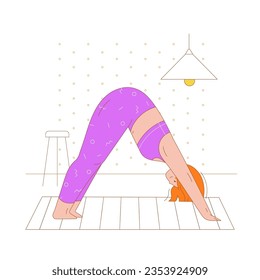 Young woman character practicing yoga at home. Flat outlined colorful vector illustration.