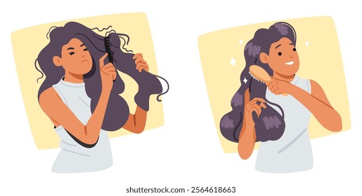 Young woman character with problematic tangled dry long hair difficult to comb before and after smoothing treatment beauty procedure vector illustration scene. Damaged disheveled hairline problem