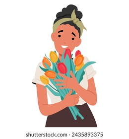 Young Woman Character, Radiant With Joy, Tenderly Holds A Vibrant Bouquet Of Tulip Flowers, Their Vibrant Colors A Lively Dance Of Spring Embrace. Cartoon People Vector Illustration