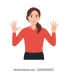 Young woman Character raise her hands to show the count number 9. Flat vector illustration isolated on white background