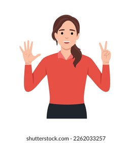 Young woman Character raise her hands to show the count number 7. Flat vector illustration isolated on white background