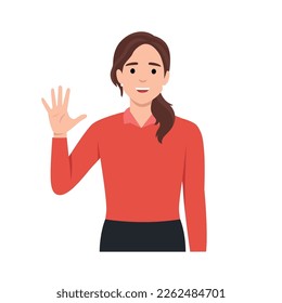 Young woman Character raise his hand to show the count number 5. Flat vector illustration isolated on white background