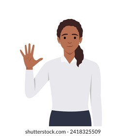 Carácter joven mujer levanta la mano para mostrar el número 5. Ilustración vectorial plana aislada en fondo blanco