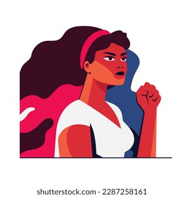 Young woman character with a raised fist. The concept of feminism and rights. Feminism power concept. Poster or banner for website.