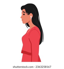 Young Woman Character in Red Dress, With Sleek Black Hair Stands In Profile, Her Earbuds In, Encapsulating A Moment Of Modern Connectivity And Style. Cartoon People Vector Illustration