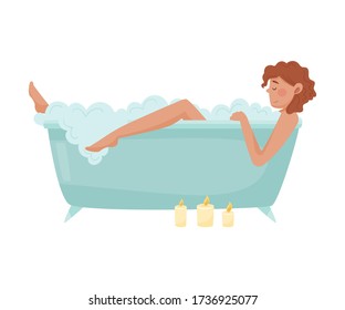 Young Woman Character Rested in Bath Tub with Foam to Reduce Stress Vector Illustration