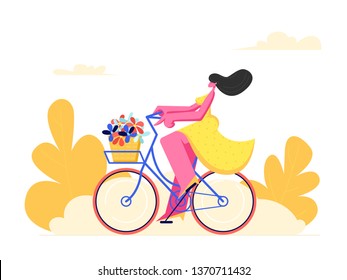 Young Woman Character Riding Bicycle with Flowers in Front Basket on Park Background. Active Girl Enjoying Bike Ride Open Air. Healthy Lifestyle, Eco Transportation. Cartoon Flat Vector Illustration