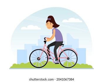 Young Woman Character Riding Bicycle Spinning the Pedals in the Park Doing Sport and Physical Exercise Vector Illustration