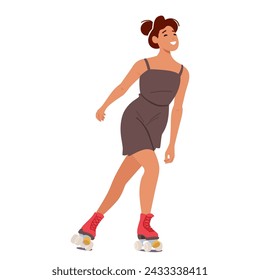 Young Woman Character Roller Skating Graceful And Swift, She Glides On Wheels, With Fluid Elegance. Dances, Twirls And Spins Accentuate Her Rhythmic Movement. Cartoon People Vector Illustration