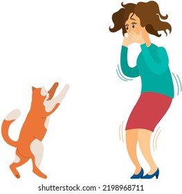 Young woman character scared of red cat. Girl believe in bad omen or afraid of animal with claws. Female character was frightened and clutched her face with hands. Ailurophobia obsessive fear of cats