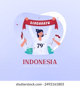 A young woman character with a scarf and the text Dirgahayu for Indonesian independence greetings, Vector illustration