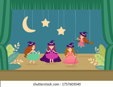 Young woman character school theatre performance flat vector illustration. Children magic little girl casting sorcery art, play kindergarten statement. Eco green scene, live leaf background.
