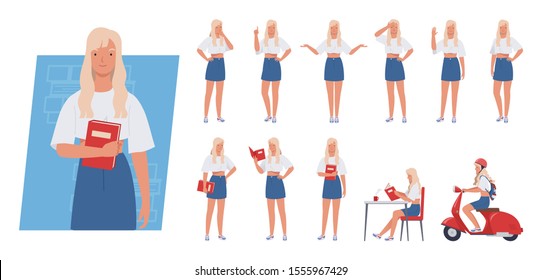 Young woman character set. Student holding book, Riding scooter, Different poses and emotions. Vector illustration in a flat style