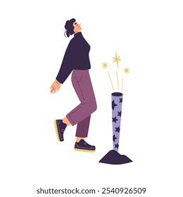 Personagem Jovem Desligando Ilustração Vetorial De Fogo De Artifício
