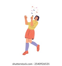 Personagem Jovem Mulher Desativando Confete Firework Vetor Illustration