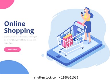 Young Woman character with shopping cart. Online shopping isometric concept. Big Sale.  Flat vector illustration.