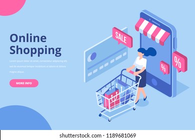 Young Woman character with shopping cart. Online shopping isometric concept. Big Sale.  Flat vector illustration.