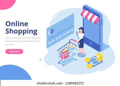 Young Woman character with shopping cart. Online shopping isometric concept. Big Sale.  Flat vector illustration.