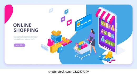 Young Woman character with shopping cart. Online shopping isometric concept. Big Sale. Flat vector illustration. Can use for web banner, infographics, hero images.