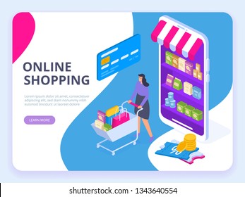 Young Woman character with shopping cart. Online shopping isometric concept. Big Sale. Flat vector illustration. Can use for web banner, infographics, hero images.