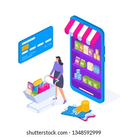 Young Woman character with shopping cart. Online shopping isometric concept. Big Sale. Flat vector illustration. Can use for web banner, infographics, hero images.