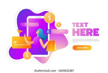 Young Woman character with shopping cart. Online shopping isometric concept. Big Sale. Flat vector illustration
