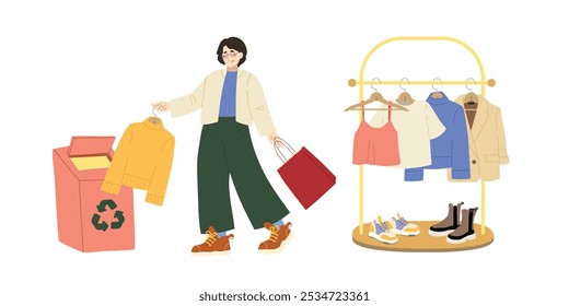 Jovem mulher personagem compras e classificação de roupas velhas em reciclagem pode. Conjunto de ilustração de vetor plano moderno desenhado à mão.