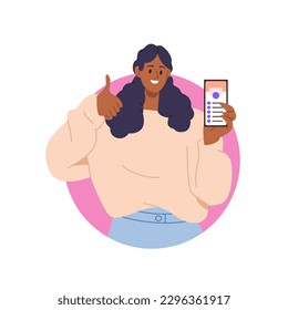 Young woman character showing mobile phone screen and gesturing thumbs up giving positive feedback