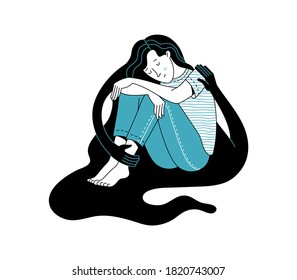 Young Woman Character Sitting Hugged By Creature Silhouette Hands On White Background. Mental Health Psychotherapy Self Care Compassion. Flat Cartoon Illustration