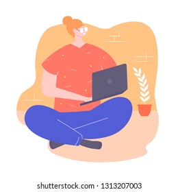 Young woman character sitting on the floor with a laptop. Freelance, remote online work and online training. Vector illustration.