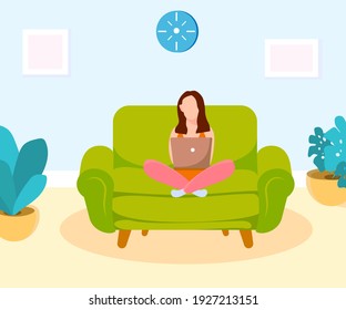 Young woman character sitting on sofa lotus pose asana working online freelance notebook colorful flat illustration