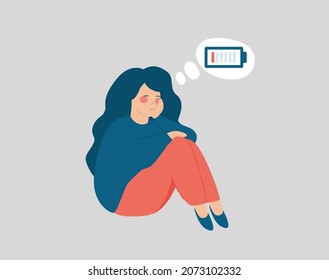 Young woman character sitting and thinking sadly. Adolescent girl with mental illness symptoms. Female having anxiety, stress and depression. Concept of mental health, negative emotions and feelings.
