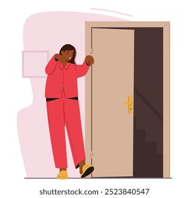 El Sonambulismo De Un Personaje De Una Mujer Joven En Pijama Rojo Abre Una Puerta En Medio De La Noche Capturando La Esencia Del Sonambulismo Y El Misterio Del Comportamiento Del Sueño. Ilustración vectorial de dibujos animados