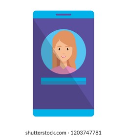 young woman character in smartphone