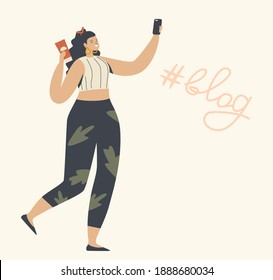 Young Woman Character with Smartphone in Hands Watching or Recording Vlog, Communicating in Network or Surfing Online Web Pages. Internet Chatting, Virtual Entertainment. Linear Vector Illustration